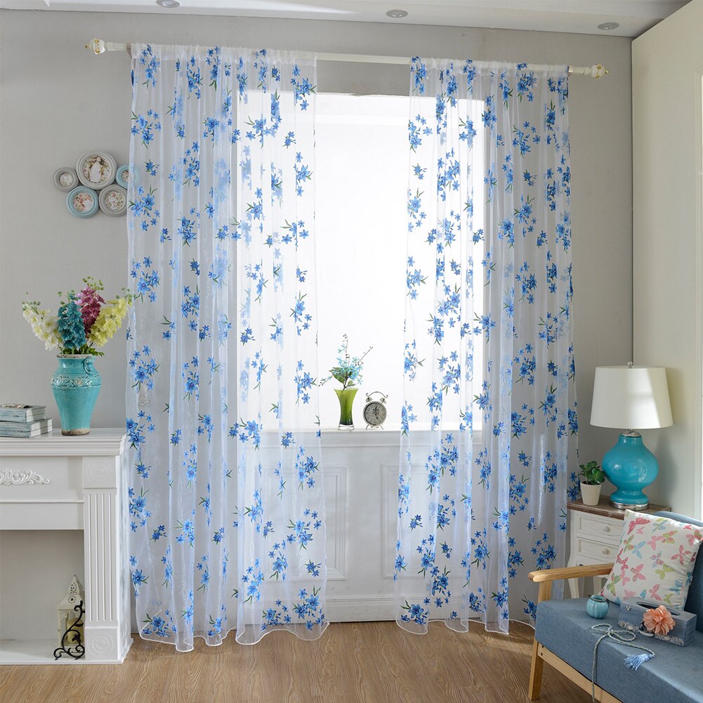 Sheer Curtains Floral Printed Semi-Transparent Curtains Eyelet Voile Floral Curtains For Home Living Room Decor Yellow 100x200cm: Blue