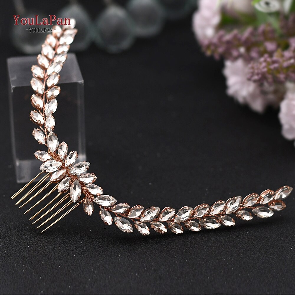 Topqueen-acessórios de cabelo hp301, estilo indiano, para noivado, fabricado em liga de flores, coroa e tiaras, prata, para casamento: HP339-Rose Gold