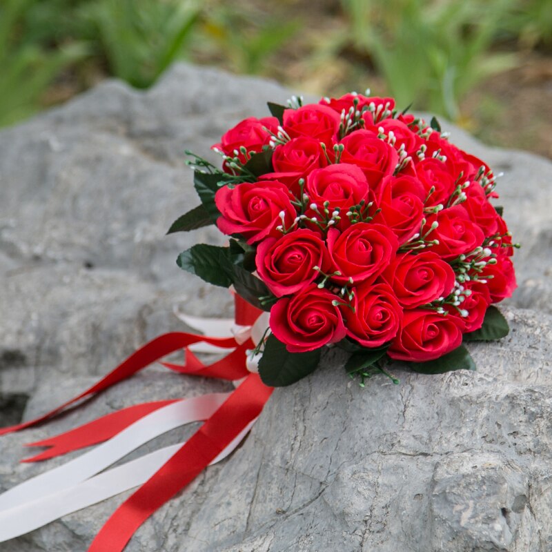 Bruidsboeket, huwelijksbloemen, roze/rood/bordeauxrood bruidsboeket, bruidsmeisjesboeket, kunstroos, bruidsboeket: Rood