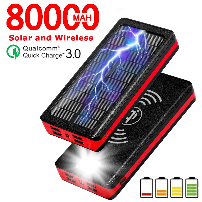 Solar 80000mAh Wireless Power Bank Large Capacity 4 USB LED External Battery Portable Charger Fast Charging for Xiaomi IPhone