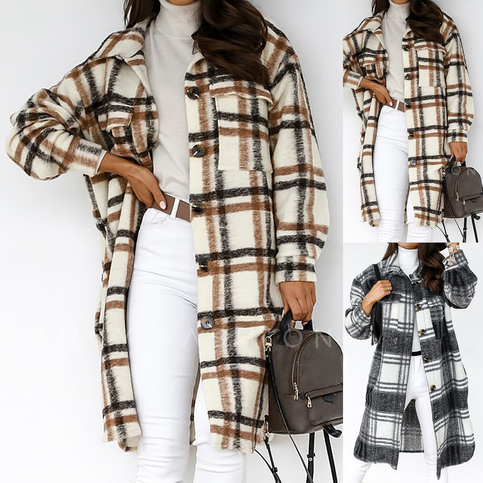 Abrigos de botones a cuadros para mujer, chaqueta con solapas de manga larga hasta la rodilla, ropa de otoño e invierno