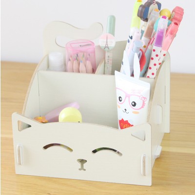 Penholder Wood Cosmetics Receiving Box Cute Cat Penholder Note Box Penholder Receiving Penholder: white