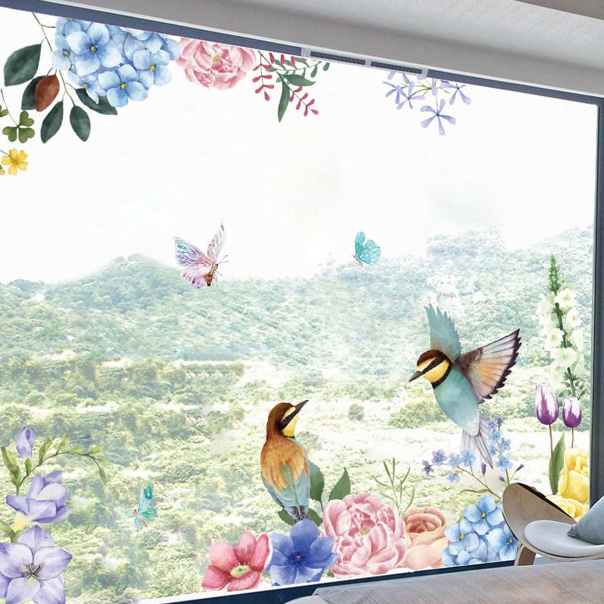 Spring Flower Bird Wall Stickers Window Decals Home Decor for Bedroom Living Room Kitchen DIY PVC Mural Arts Wall Decals