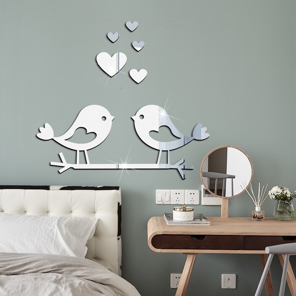 Love Bird Acrylic Mirror Stickers Wall Sticker Baby Bedroom Decor Living Room Home Decoration Accessories