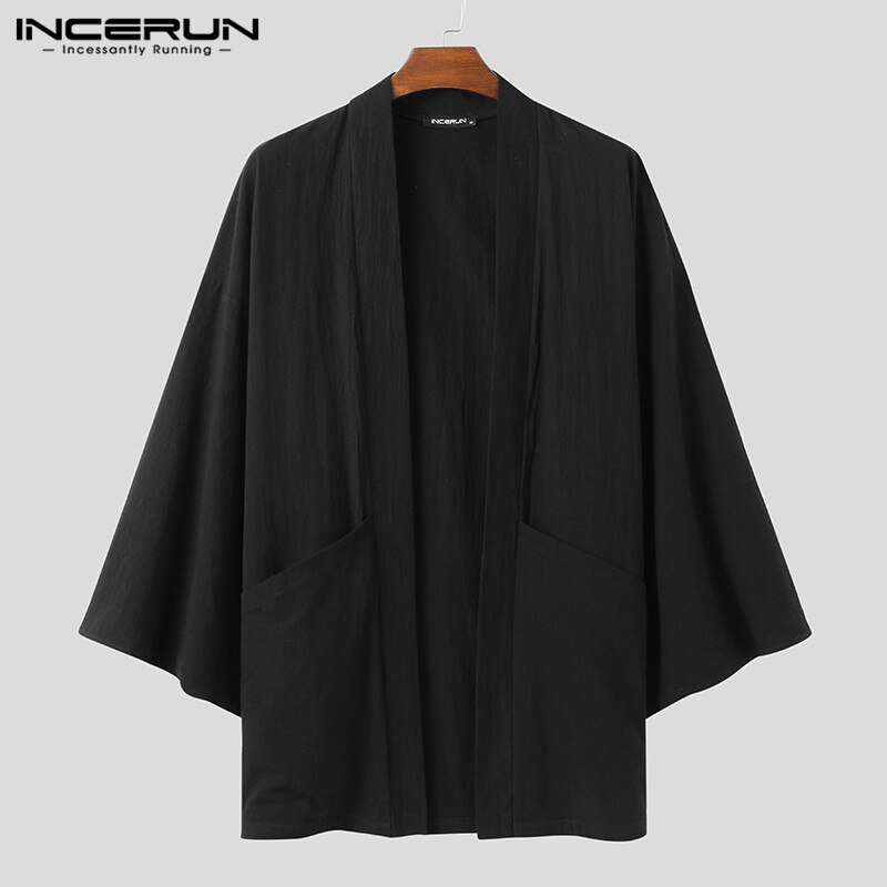 Men Trench Solid Coats Open Stitch Cotton Long Sleeve Casual Japanese Kimono Streetwear Cardigan 2022 Outerwear INCERUN