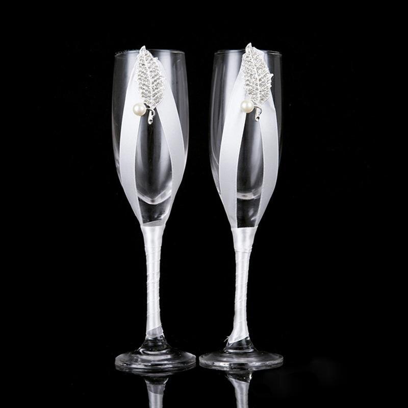 2PCS/Set Wedding Goblet Champagne Toasting Glasses White Ribbon Glasses Set for Weddings Party for Valentines Day