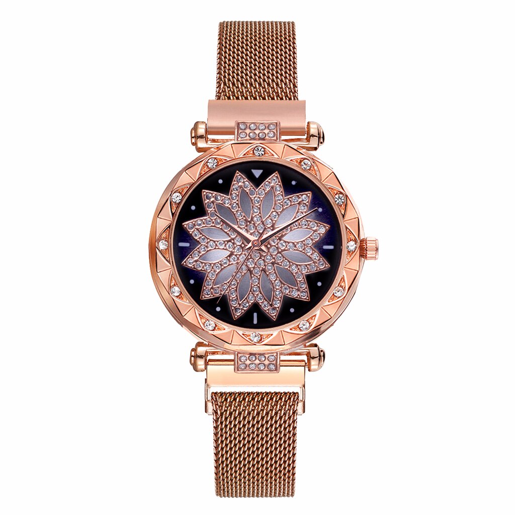 Dam magnet spänne stjärnhimmel blomklocka lyx dam strass kvarts klocka klocka relogio feminino: Rosa guld