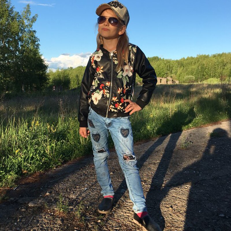 Filles cuir manteau enfants veste en cuir synthétique polyuréthane 3-9 ans fille col rond imprimé fleurs camouflage artificiel enfants outwear