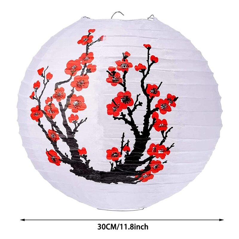 T84E Red Cherry Flowers Paper Lantern White Round Chinese Japanese Paper Lamp for Home Wedding Party Decoration