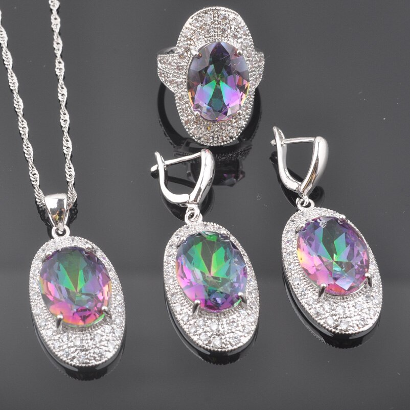 arc-en-ciel zircone couleur argent ensembles de bijoux femmes de mariage boucles d'oreilles pendentif collier anneaux ensemble QZ0586