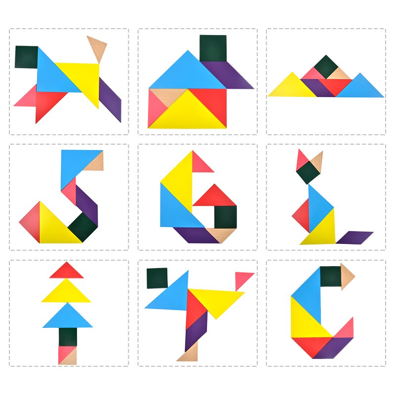 Tangram de madeira 7 peça quebra-cabeça colorido quadrado iq jogo cérebro teaser brinquedos educativos inteligentes para crianças