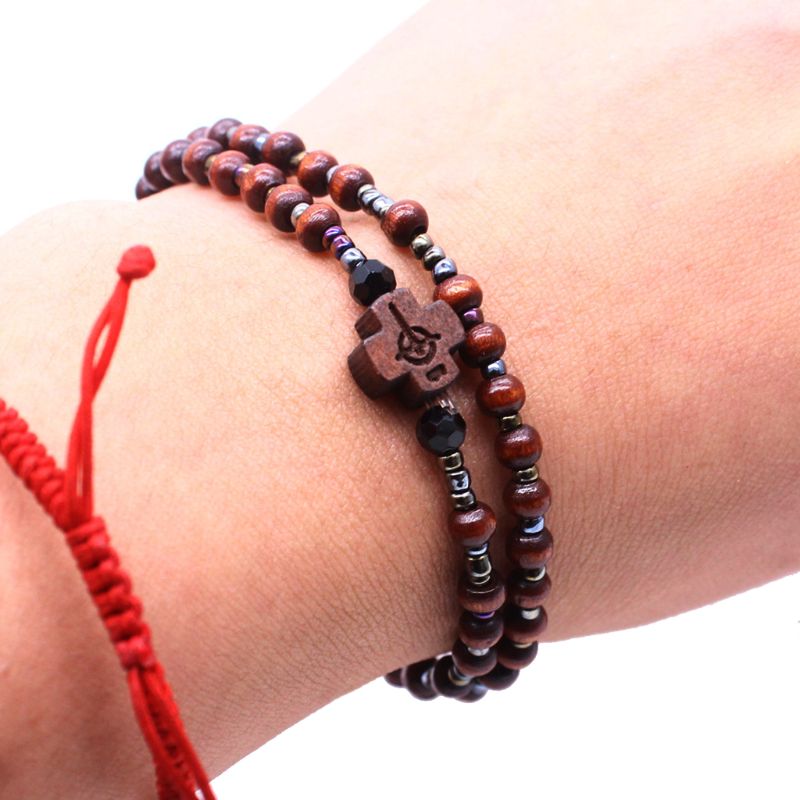 2Pcs Mannen Houten Kralen Kruis Armbanden Meditatie Gebed Chain Katholieke Christian