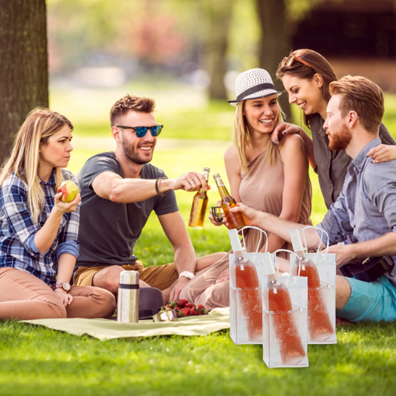 Bolsa de PVC transparente para enfriar botellas de vino, bolsa de hielo portátil con asa, paquete de 10 unidades