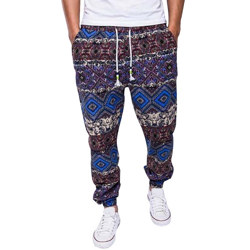 Loozykit nationale stijl herenbroek lange trekkoord losse casual broek herenbroek print casual broek: 2 / Ik