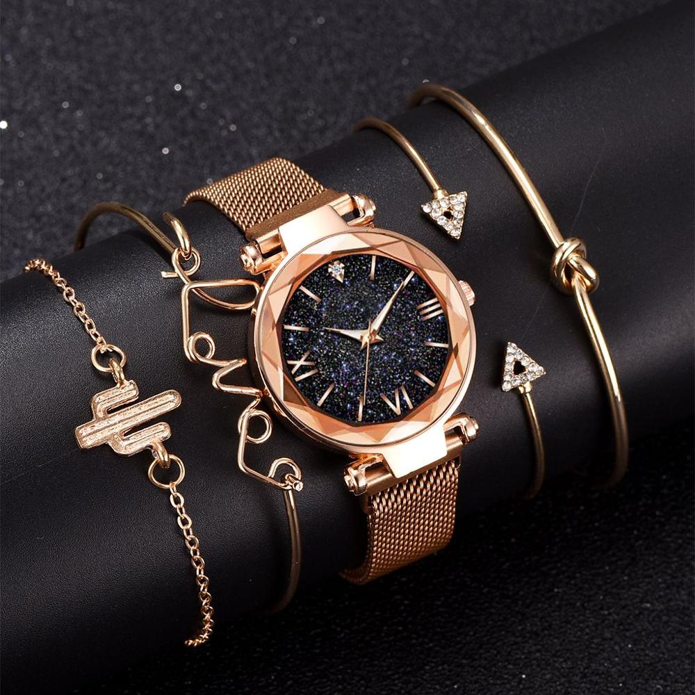 5Pcs Set Luxe Vrouwen Horloges Magnetische Sterrenhemel Vrouwelijke Klok Quartz Horloge Dames Polshorloge Relogio Feminino