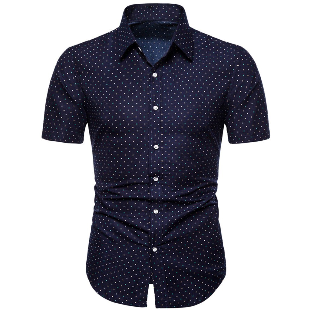 Men Summer Business Shirt Slim Loose Hawaii Short Sleeve Printed Single Breasted Turn-down Collar Tops Мужская Рубашка: L