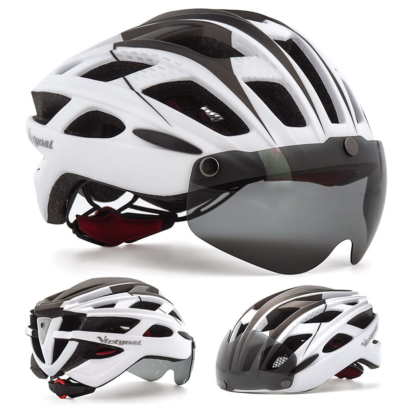 Victgoal adultos capacete da bicicleta capacete com destacável magnético óculos de proteção &amp; segurança led luz traseira ciclismo capacetes das mulheres dos homens: White Helmet