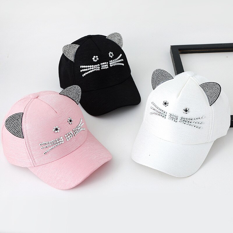 Söpö kissa korva lasten baseball-lippis strassit sarjakuva kesätytöt snapback-lippis säädettävä lasten aurinkohattu
