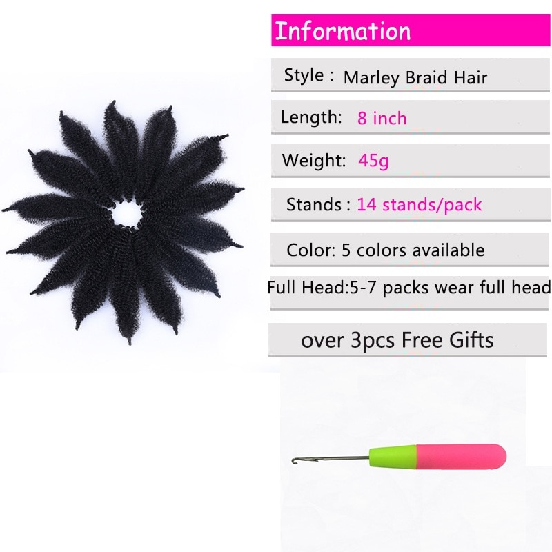 Tresses Afro Marley synthétiques souples 8 ''| Extensions de tresses au Crochet, tresses crépues en Fiber de haute température pour femmes