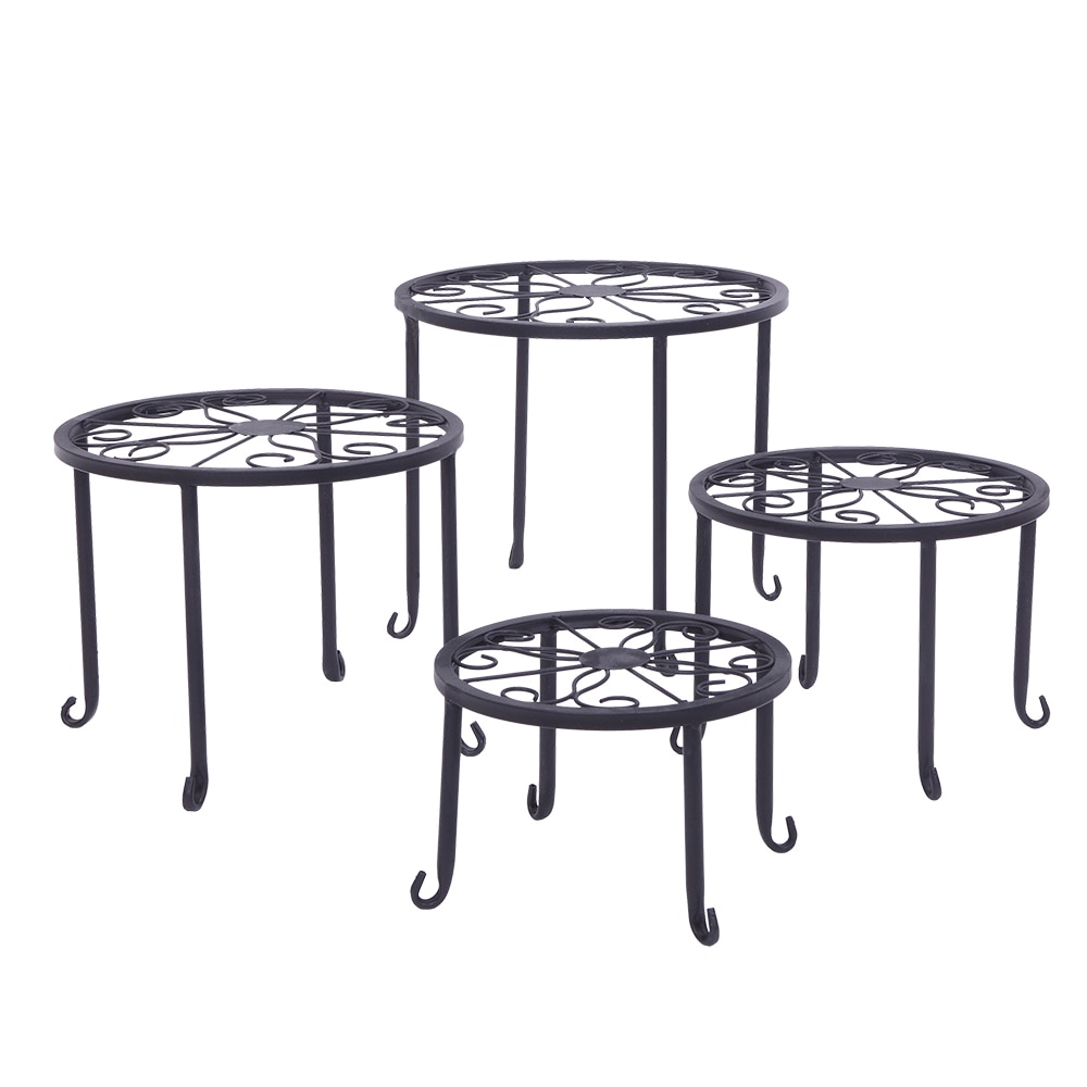 4 Plant Shelves With 4-1 Round Pattern In Black Baking Paint Metal Plant Flower Display Rack For Garden Home Indoor Decoration
