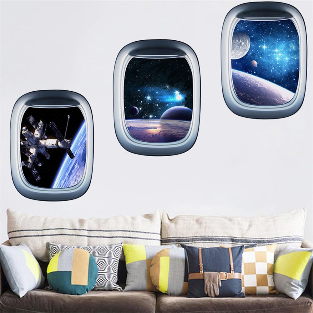 Planet Spaceship Window Pattern Removable Wall Sticker Self Adhesive Decal Waterproof Mural Home Living Room Background Decor