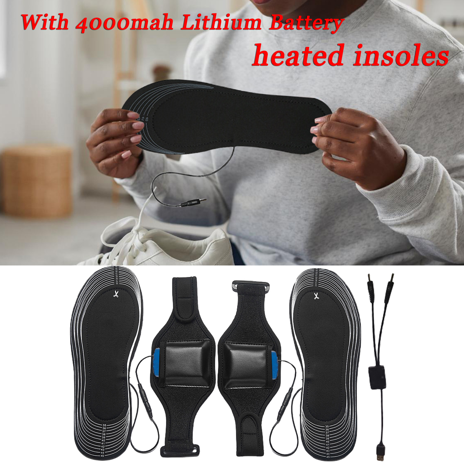 Usb heated insoles, cuttable thermal shoe inserts for outdoor sports, camping, , 4000 mah rechargeable battery pack, soft mesh