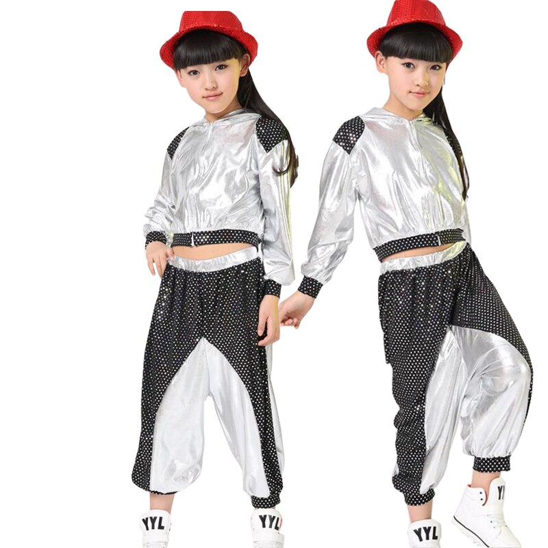 Mädchen Jungen Gold Silber Ballsaal Jazz Hüfte hüpfen tanzen Wettbewerb Kostüm Art Kleidung Kleidung Hoodie Shirt oben Hosen Tanzen Tragen