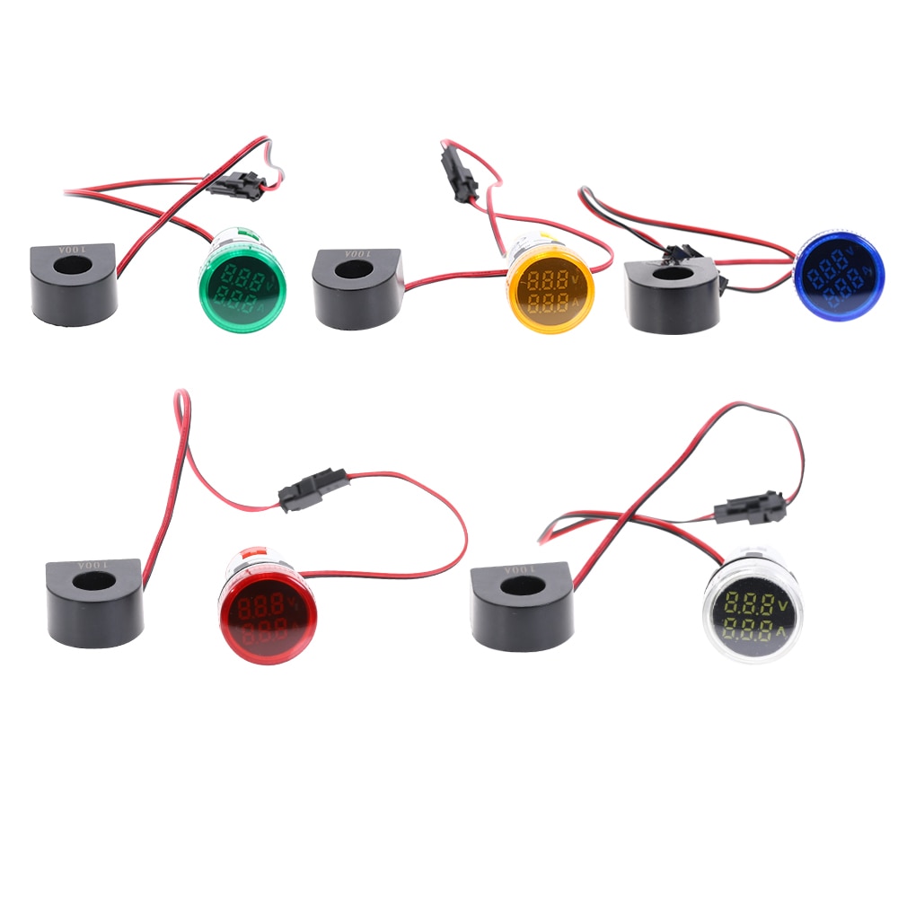 Mini Digitale Voltmeter Amperemeter 22Mm Ronde Ac 50-500V 0-100A Amp Volt Voltage Tester Meter Dual Led indicator Pilot Lamp Licht