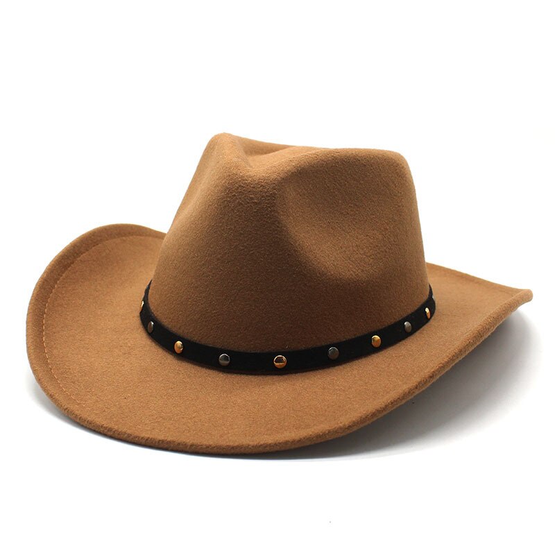 Wool Women Men Western Cowboy Hat Punk belt Gentleman Cowgirl Bowler Cap Jazz Church Cap Sombrero Hombre: light brown