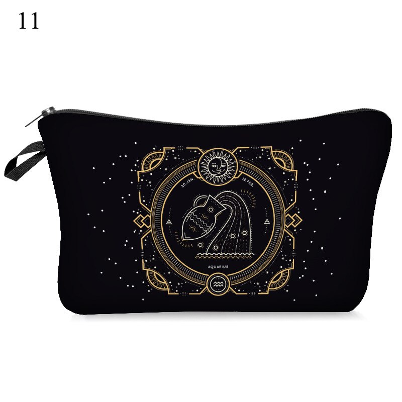 Women Makeup Cosmetic Bag Black Toiletry Bag With 12 Constellation Travel Bag Organizer Beauty Case Printed Makeup Pouch: 11