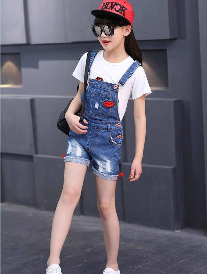 Sommar barn flickor broderi jeans jeans shorts overall jumpsuit för tjej barn skoloveraller 5 6 7 8 10 11 12 år