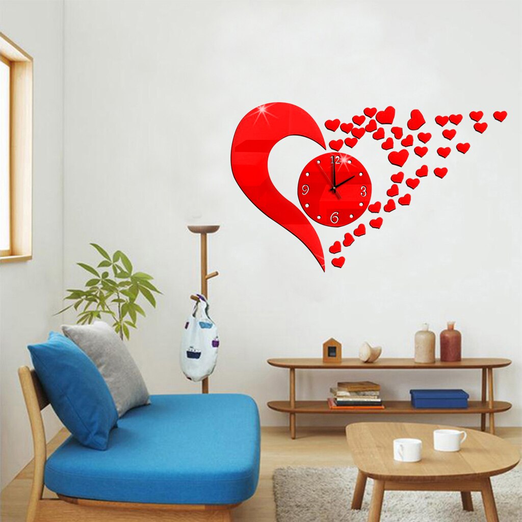 Love Heart Shaped DIY Wall Clock 3D Mirror Surface Sticker Home Wall Decor: Red