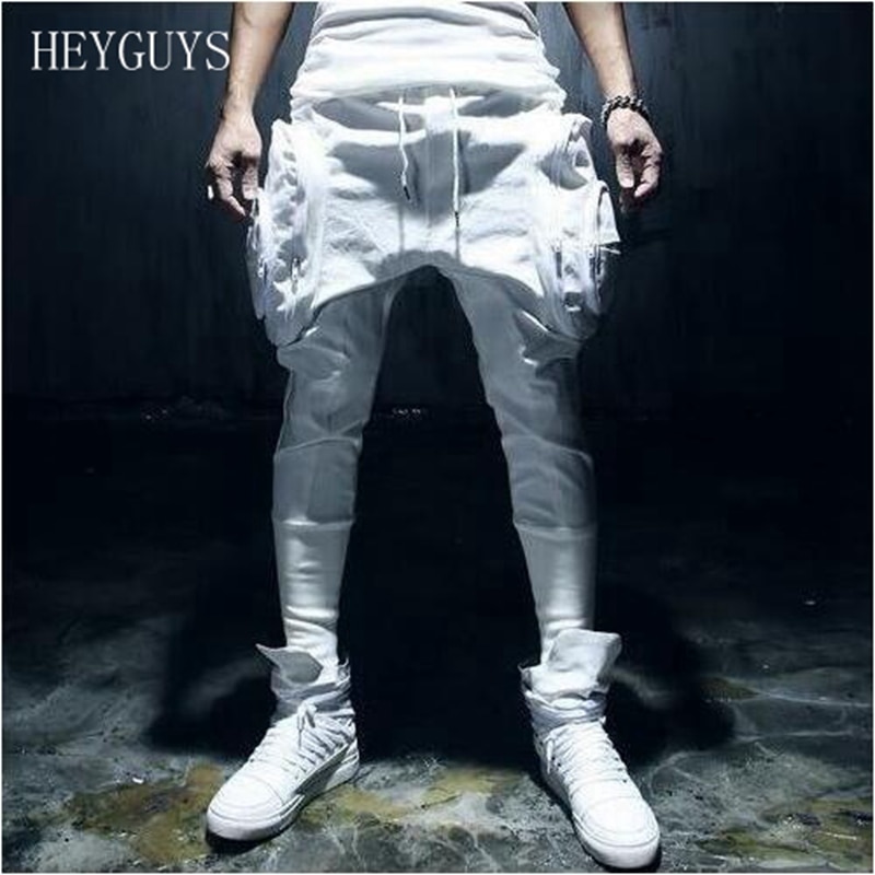 noir blanc maigre grandes poches pantalons hommes Hip Hop Streetwear Jogger Harem pantalon mâle mince décontracté pantalon pieds pantalon
