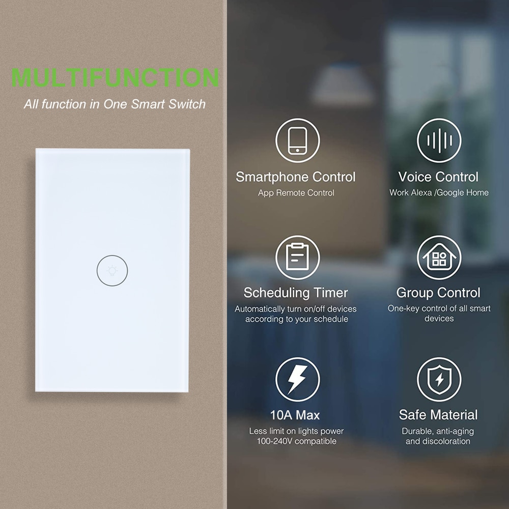 WiFi Smart Touch Wall Light Switch No Neutral Wire Needed Compatible for Alexa Google Home Single Pole 110V-240V
