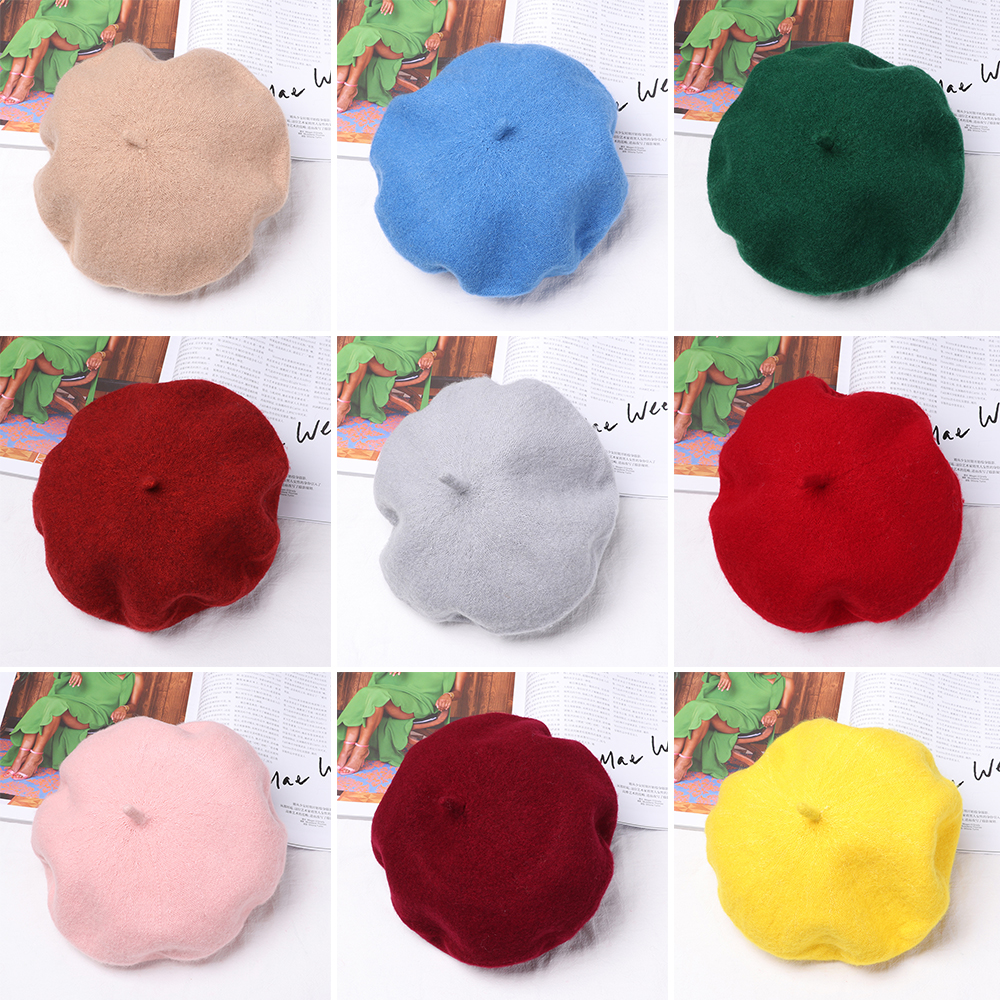 Gorros de boina de fieltro para otoño e invierno, sombrero de pintor francés a la para mujer, boinas de Color sólido a la para niñas, gorra plana multicolor para mujer