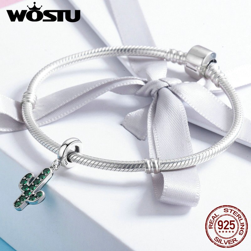 WOSTU 100% 925 Sterling Silver Forte Cactus Scintillante Verde DELLA CZ di Fascino Del Pendente adatti Delle Donne del Braccialetto di Fascino di Gioielli FAI DA TE FIC515