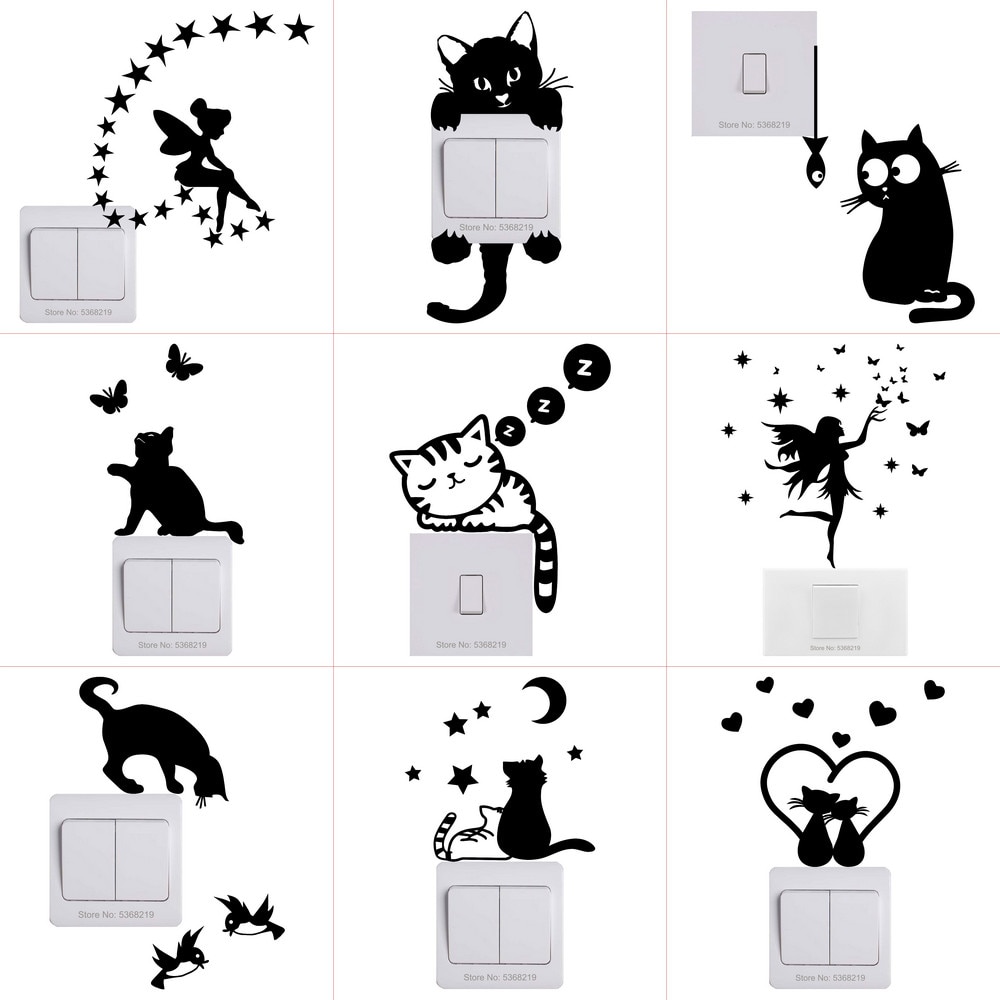Light Switch Sticker Kids Baby Nursery Room DIY Wall Decoration Cat Fairy Moon Stars Vinyl Decal for Children Bedroom Home Decor