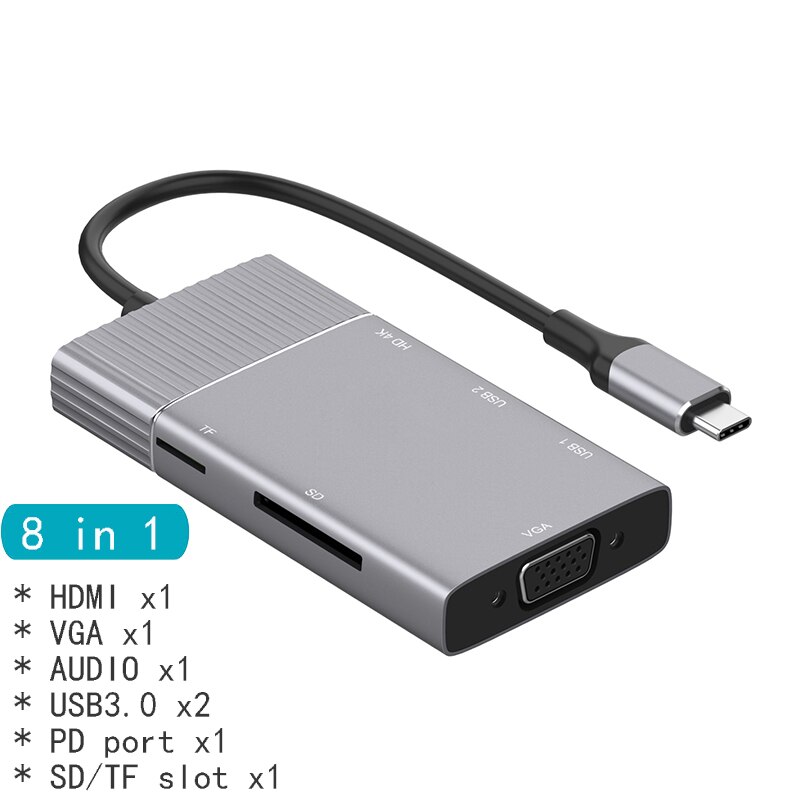 Docking Station met Type C Plug HDMI VGA USB Power Levering Hub voor Laptop Macbook Pro HP DELL Oppervlak Lenovo samsung Dock: 8in1 HDMI VGA MODE