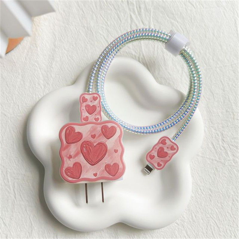 Charger Cable Protector for Apple Iphone 14 13 Cute Heart Wave Charger Case for Iphone 18W/20W US Adapter Data Protective Sleeve: Silver