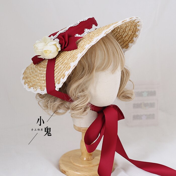 Sombrero de paja de flor con lazo bonito de Lolita, tocado para niñas, sombrilla plana, sombrero plano, adornos para el cabello hechos a mano, Cosplay