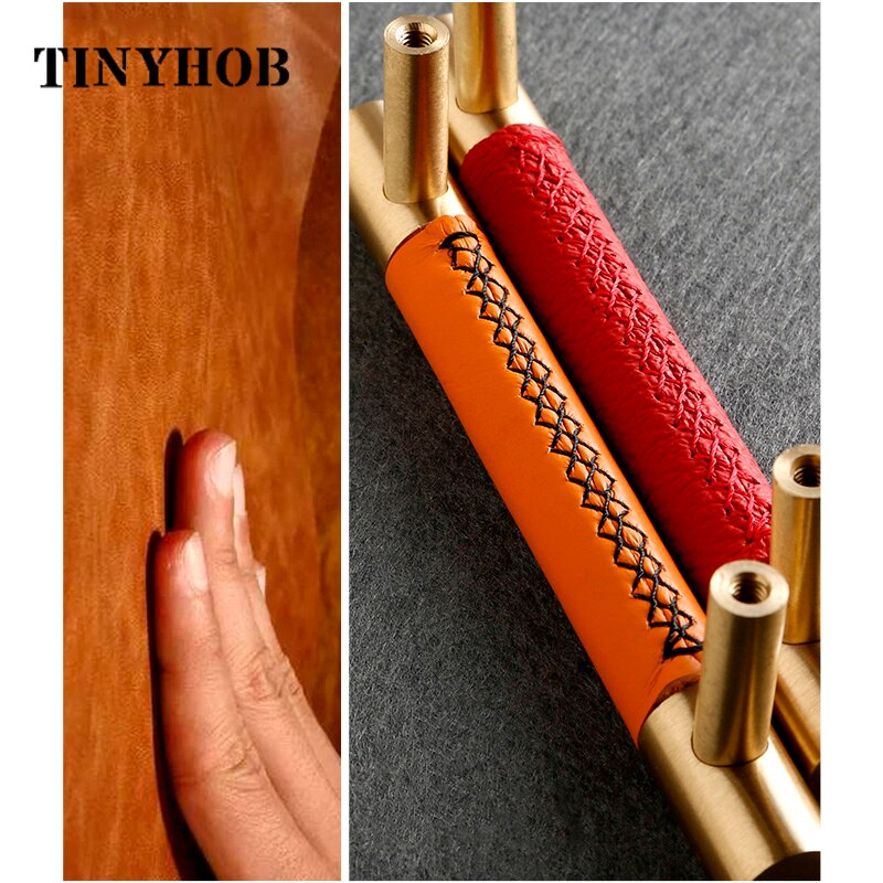 Solid mässing skåp knopp och handtag läder låda dra möbel skåp garderob handtag röd/mörkgrått guld möbelbeslag