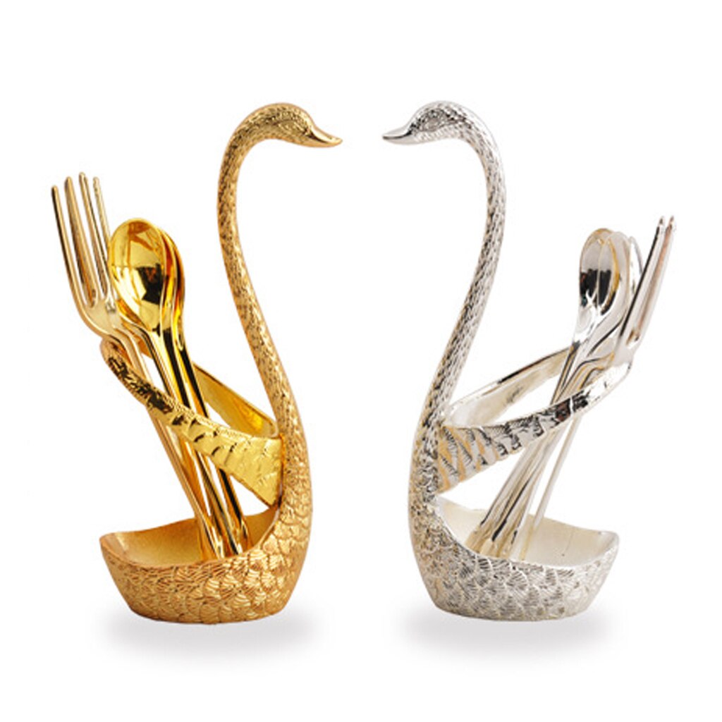 Base de cisne romántica, 7 piezas, vajilla de acero inoxidable para ensalada, postre, fruta, tenedores, cucharas de café, vajilla de cena, herramientas de cocina