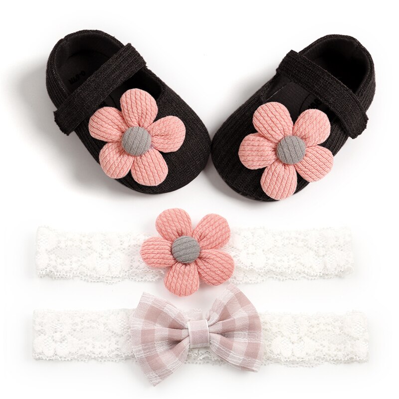 6 colors Baby Baptism Shoes and Headband Set Soft Sole Floral Mary Jane Flats and Hairbands 3 Piece Set for Infant Girls