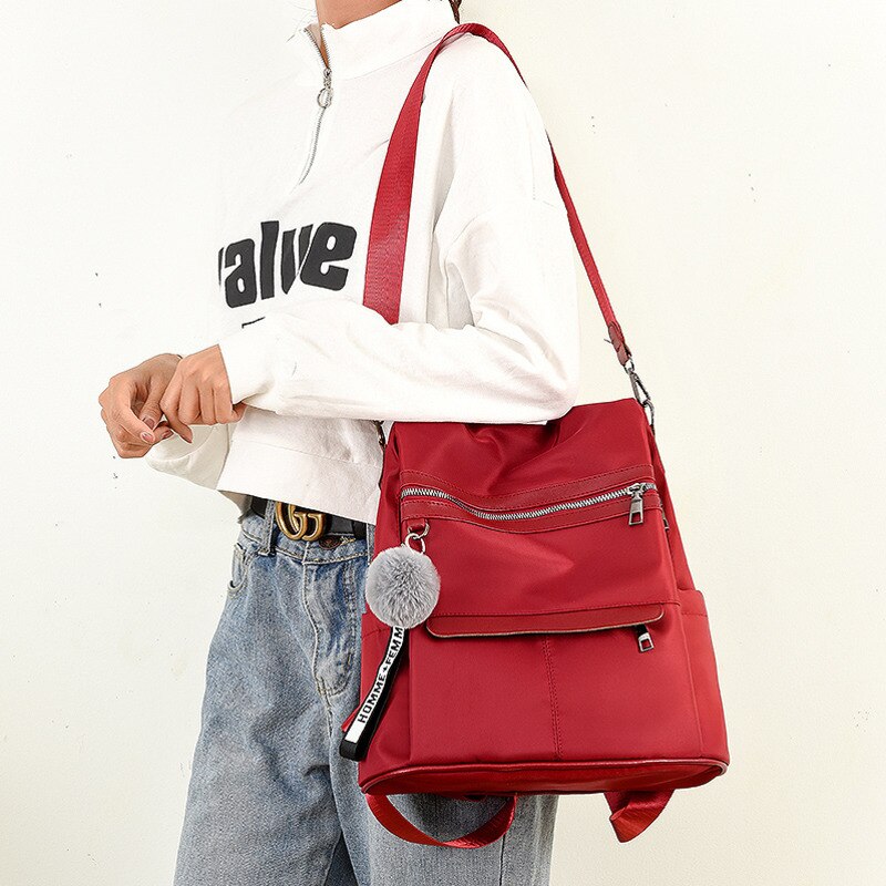 Backpack Waterproof Anti-theft Oxford Cloth Simple College Wind Bag Youth Girl Backpack Hair Ball Pendant