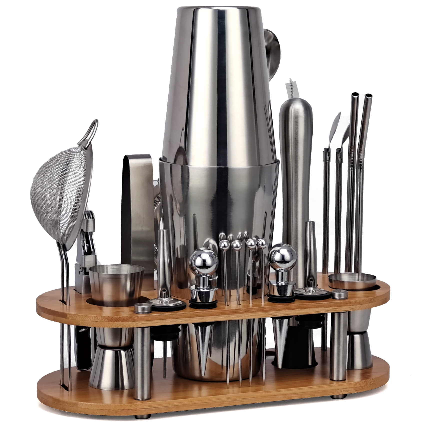 23-Piece Cocktail Shaker Set,Bartender Kit With Oval Bamboo Stand Detachable, Home Bar Tools Stainless Steel ,Perfect: Boston