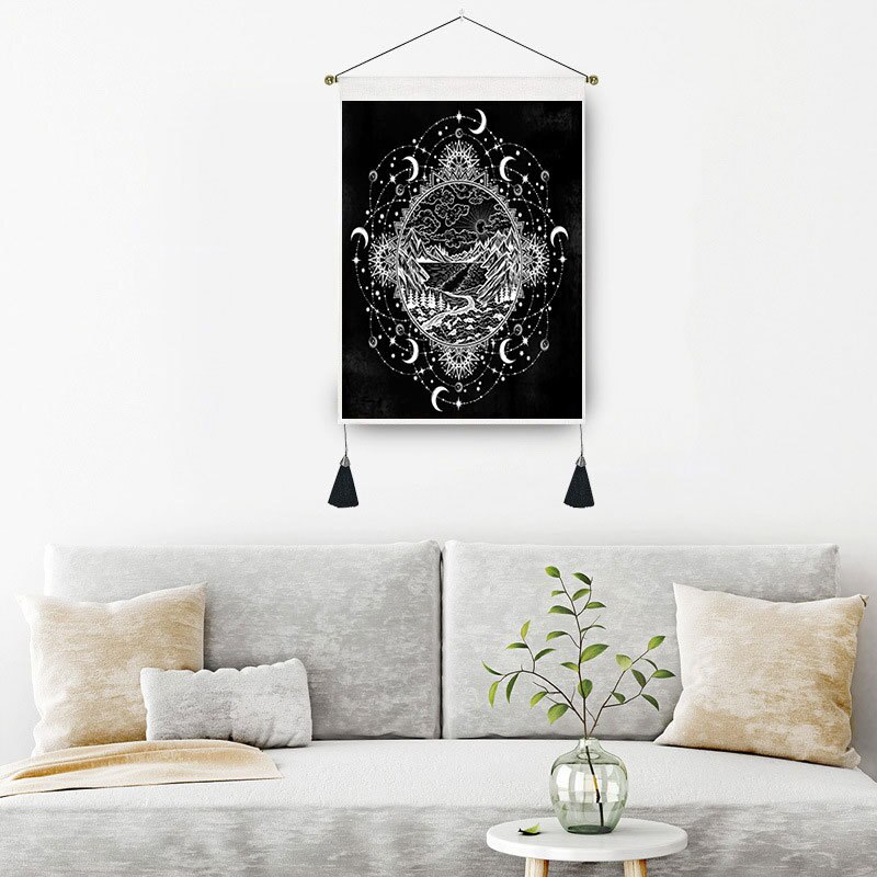 Tapiz de fase manual de lona negra, decoración del hogar, macramé, dormitorio, arte, mariposa, colgante de pared, tapices de borlas, fondo artístico de tela: DGH06-GTH(22)