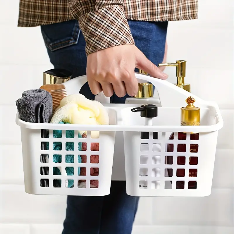 Cesta de plástico para ducha con compartimentos, organizador de almacenamiento de suministros de limpieza dividido portátil con asa para dormitorio y baño