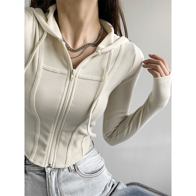 Lente Herfst Casual Mode Effen Eenvoudige Korte Hoodies Dames Lange Mouwen Slim All-Match Rits Sweatshirt Vrouwen Vest Top