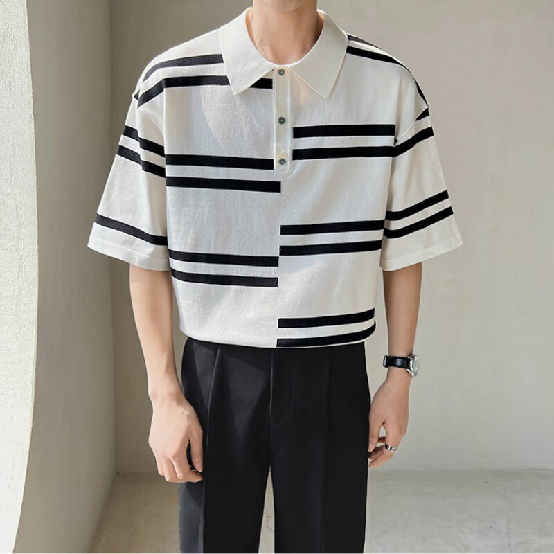 Polo a rayas para hombres, camisetas de punto de seda de hielo de manga corta, camisetas informales de negocios con solapa Social, ropa de verano 2022