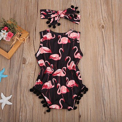 Mameluco de flamenco, conjunto de ropa de verano para 2 Uds., ropa de verano para bebé con diadema, Body para bebé, traje para niñas recién nacidas sin mangas
